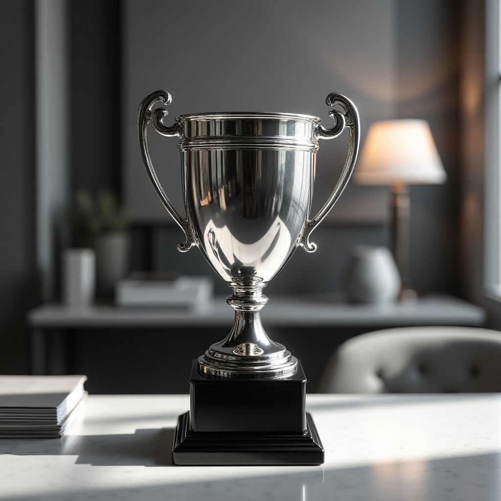 Trofeo de negocios sobre escritorio moderno