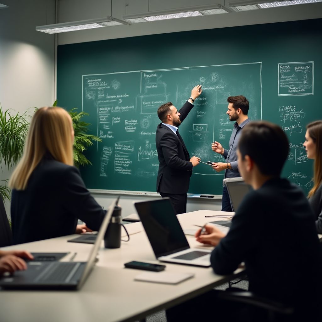 Colaboración empresarial innovadora con pizarras, notas y tecnología