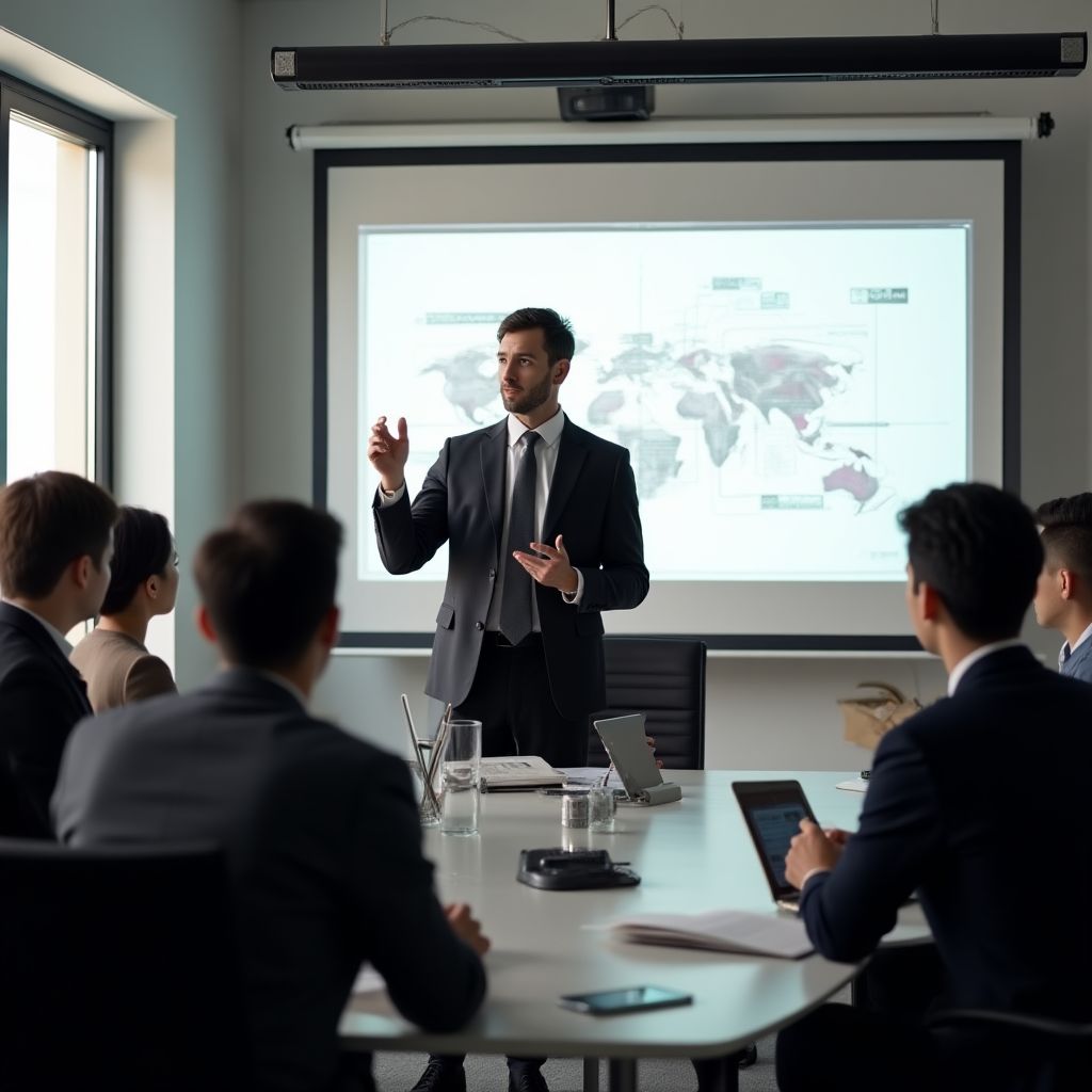 Líder empresarial moderno exponiendo su visión a equipo diverso